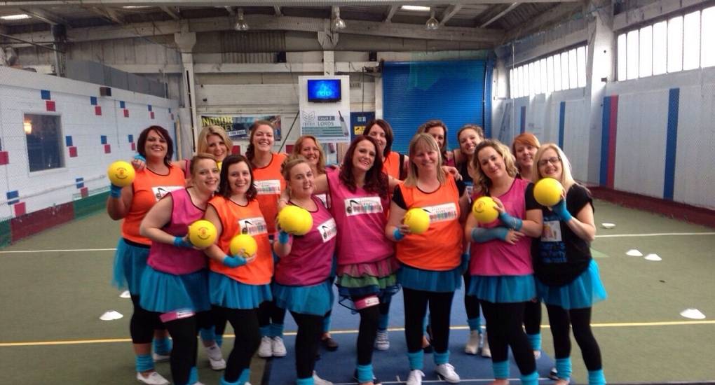 hen do posing with dodgeballs